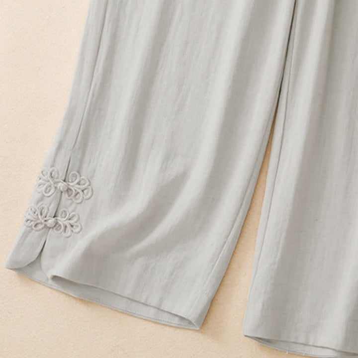 Buddha Stones Pantalon sarouel court uni brodé, style été décontracté, avec poches - image 6