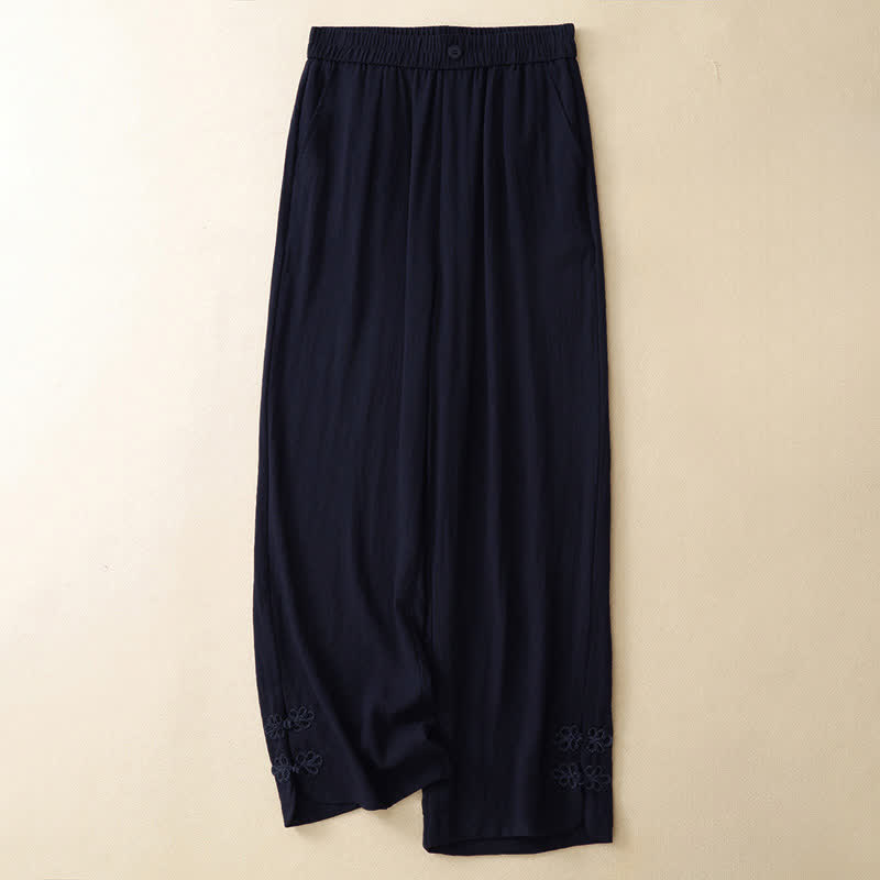 Buddha Stones Pantalon sarouel court uni brodé, style été décontracté, avec poches - Marine - US8-10, UK/AU12-14, EU40-42 (2XL) - image 10