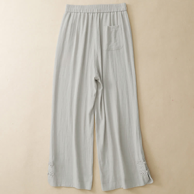 Buddha Stones Pantalon sarouel court uni brodé, style été décontracté, avec poches - image 2