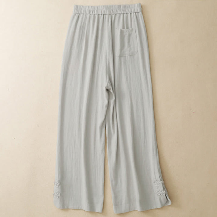 Buddha Stones Pantalon sarouel court uni brodé, style été décontracté, avec poches - image 2