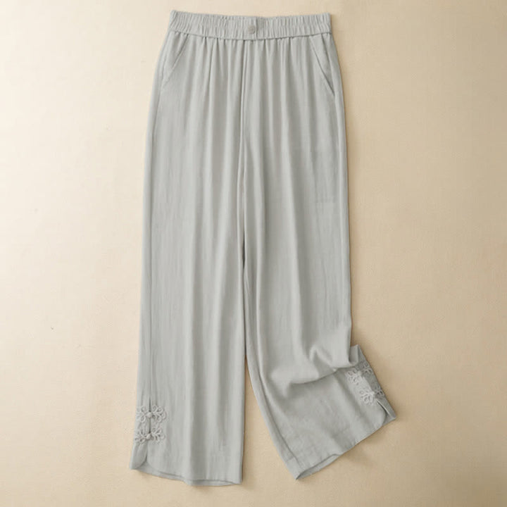 Buddha Stones Pantalon sarouel court uni brodé, style été décontracté, avec poches - image 1