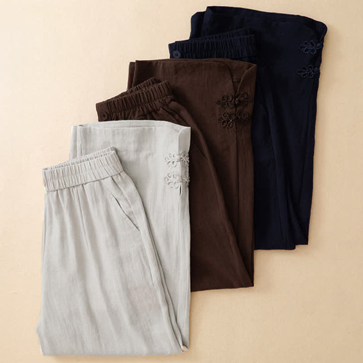 Buddha Stones Pantalon sarouel court uni brodé, style été décontracté, avec poches - image 20