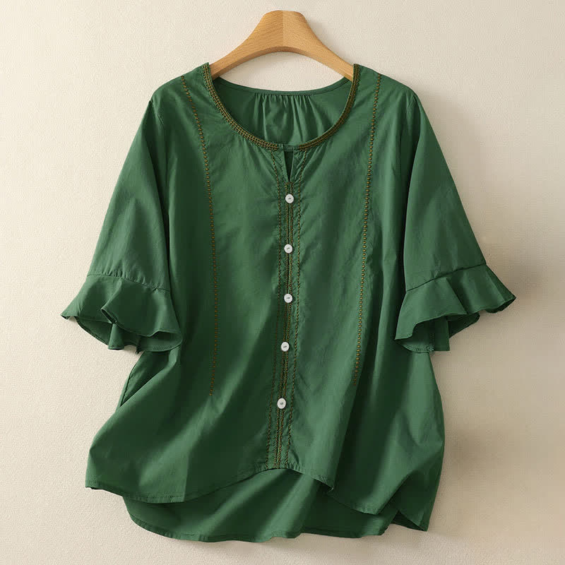 Buddha Stones Chemises d'été bohèmes décontractées à manches courtes boutonnées, à volants et manches cloche, pour femmes - Vert forêt - US12, UK/AU16, EU44 (2XL) - image 0