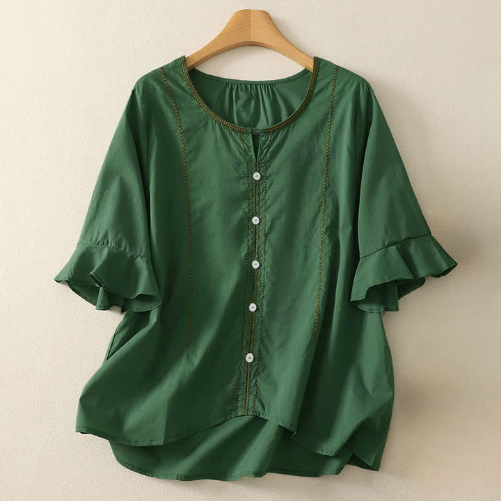 Buddha Stones Chemises d'été bohèmes décontractées à manches courtes boutonnées, à volants et manches cloche, pour femmes - Vert forêt - US12, UK/AU16, EU44 (2XL) - image 0