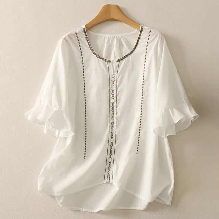Buddha Stones Chemises d'été bohèmes décontractées à manches courtes boutonnées, à volants et manches cloche, pour femmes - Blanc - US12, UK/AU16, EU44 (2XL) - image 16