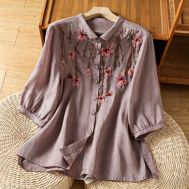 Buddha Stones Chemises à manches courtes pour femmes, style vintage estival, brodées de fleurs - Chardon - US8-10, UK/AU12-14, EU40-42 (2XL) - image 17