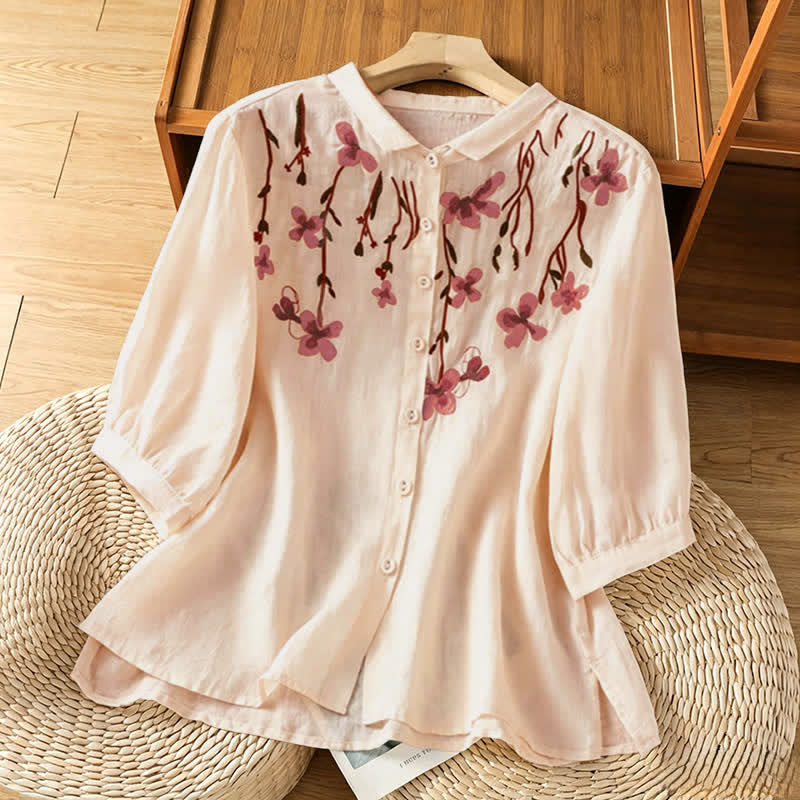 Buddha Stones Chemises à manches courtes pour femmes, style vintage estival, brodées de fleurs - PeachPuff - US8-10, UK/AU12-14, EU40-42 (2XL) - image 0