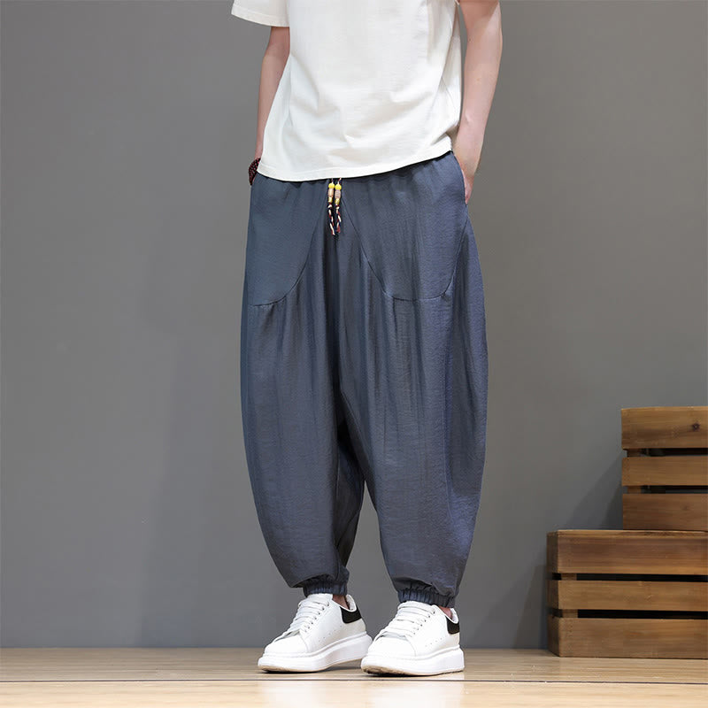 Buddha Stones Pantalon harem d'été décontracté vintage en coton uni, coupe courte, avec cordon de serrage et poches. - image 1
