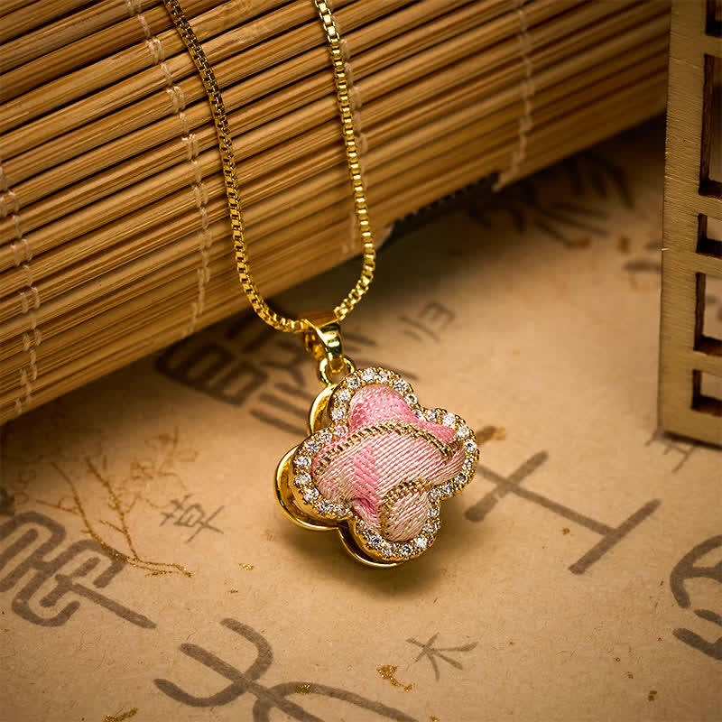 Buddha Stones Collier Harmonic Connection en brocart rose incrusté d'un cœur rotatif en cuivre et d'un trèfle à quatre feuilles - image 2