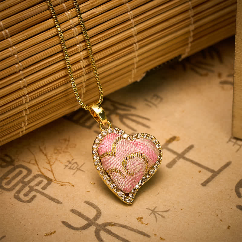 Buddha Stones Collier Harmonic Connection en brocart rose incrusté d'un cœur rotatif en cuivre et d'un trèfle à quatre feuilles - image 10