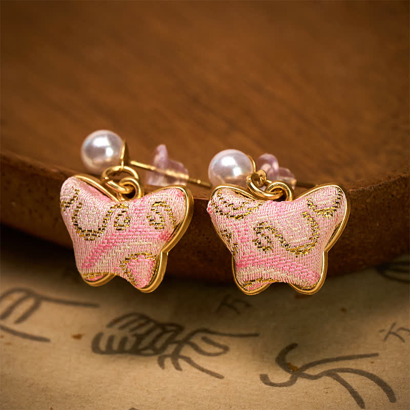 Buddha Stones Boucles d'oreilles Song Brocart Pearl Butterfly Vintage Love style chinois - image 1