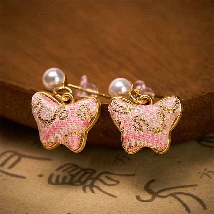 Buddha Stones Boucles d'oreilles Song Brocart Pearl Butterfly Vintage Love style chinois - image 1