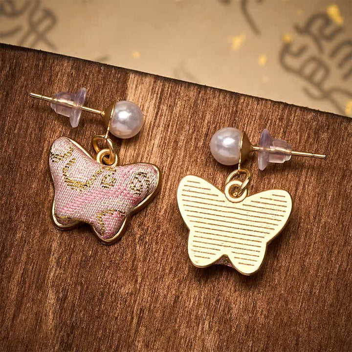 Buddha Stones Boucles d'oreilles Song Brocart Pearl Butterfly Vintage Love style chinois - image 4