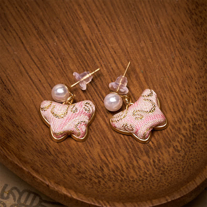 Buddha Stones Boucles d'oreilles Song Brocart Pearl Butterfly Vintage Love style chinois - image 2