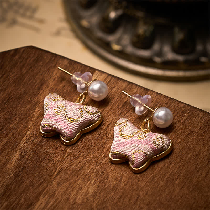 Buddha Stones Boucles d'oreilles Song Brocart Pearl Butterfly Vintage Love style chinois - image 3