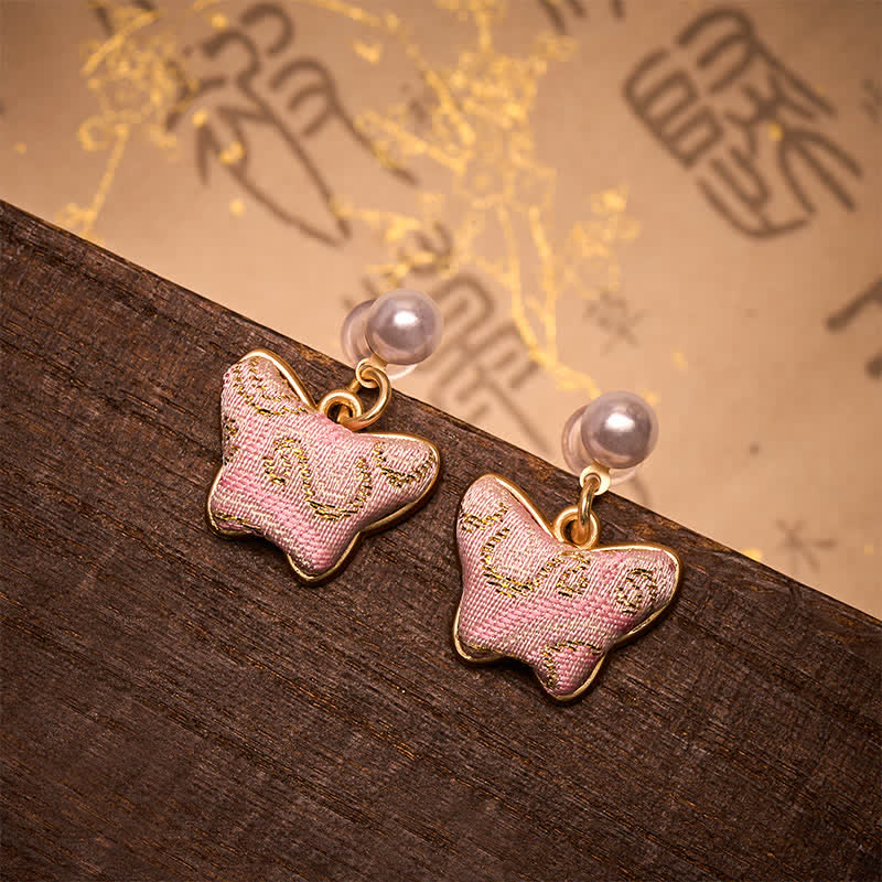 Buddha Stones Boucles d'oreilles Song Brocart Pearl Butterfly Vintage Love style chinois - Papillon (même ton de couleur – motif variable) - image 0