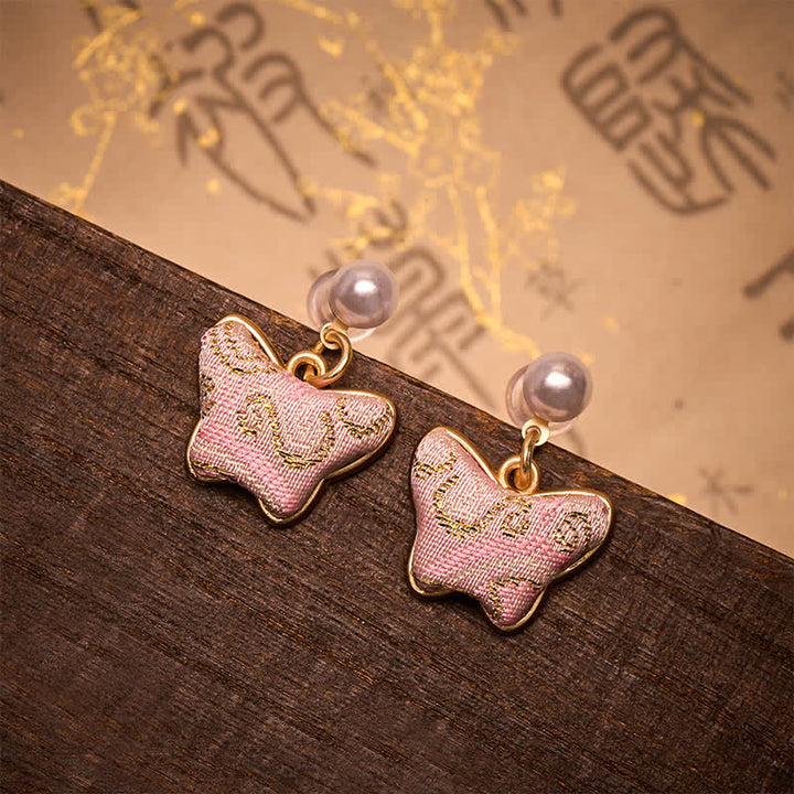 Buddha Stones Boucles d'oreilles Song Brocart Pearl Butterfly Vintage Love style chinois - Papillon (même ton de couleur – motif variable) - image 0