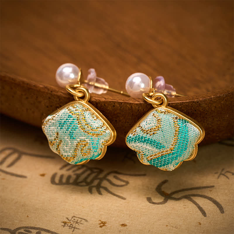 Buddha Stones Boucles d'oreilles chinoises Pearl Song en brocart en forme de feuille, style équilibre - image 1