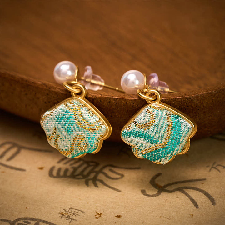 Buddha Stones Boucles d'oreilles chinoises Pearl Song en brocart en forme de feuille, style équilibre - image 1