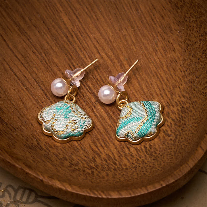 Buddha Stones Boucles d'oreilles chinoises Pearl Song en brocart en forme de feuille, style équilibre - image 2