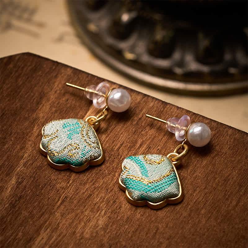 Buddha Stones Boucles d'oreilles chinoises Pearl Song en brocart en forme de feuille, style équilibre - image 3