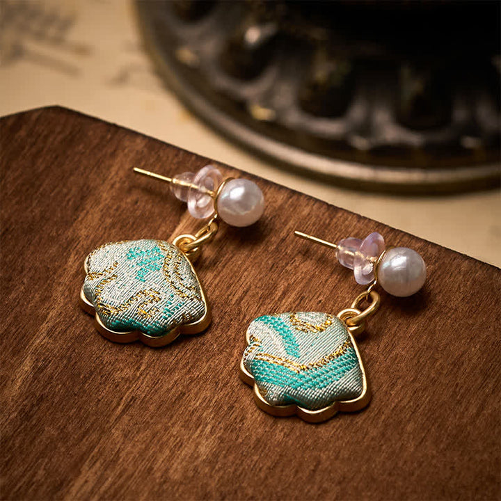 Buddha Stones Boucles d'oreilles chinoises Pearl Song en brocart en forme de feuille, style équilibre - image 3