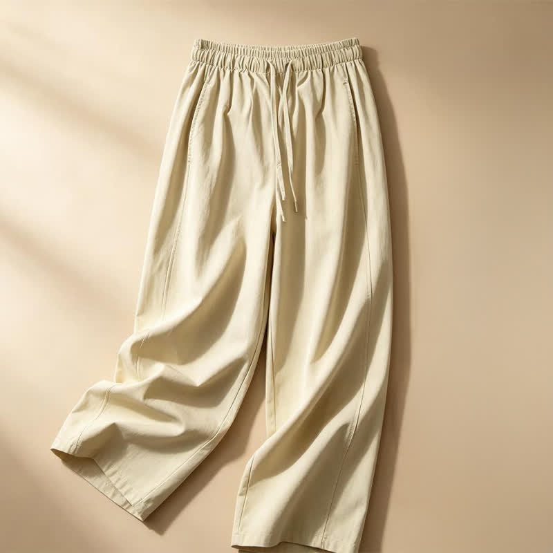 Buddha Stones Pantalon d'été minimaliste décontracté à cordon de serrage, coupe 7/8, jambes larges, avec poches - image 1