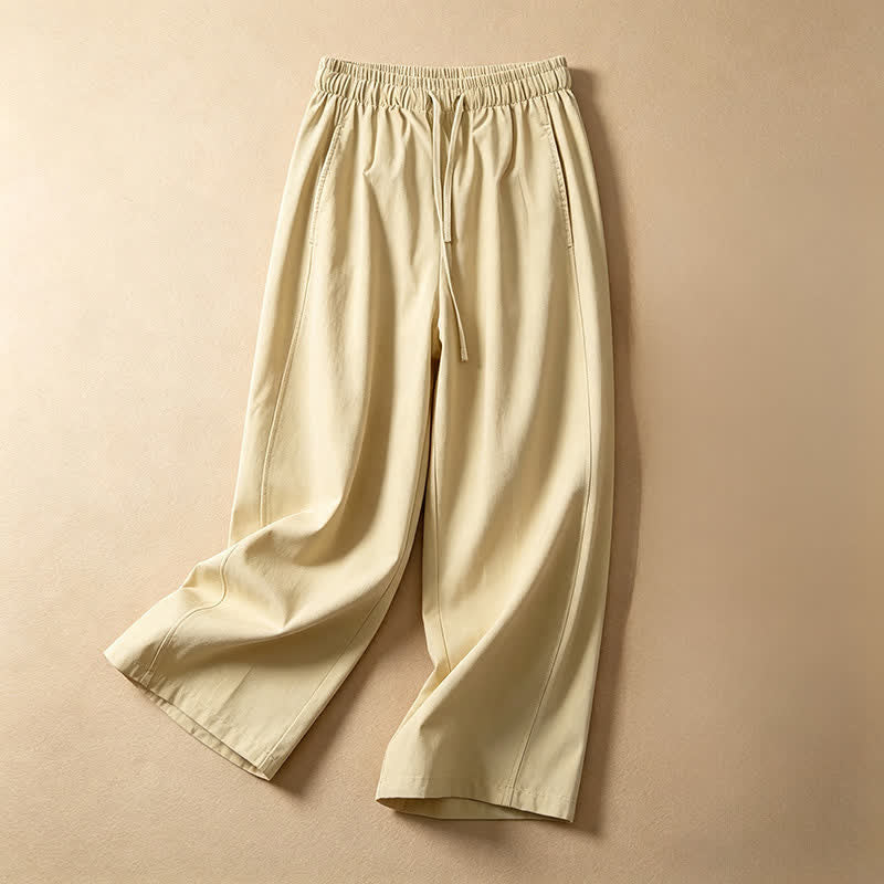 Buddha Stones Pantalon d'été minimaliste décontracté à cordon de serrage, coupe 7/8, jambes larges, avec poches - Jaune d'or pâle - US8-10, UK/AU12-14, EU40-42 (2XL) - image 0