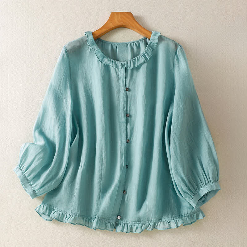 Buddha Stones Chemises d'été décontractées vintage à manches longues pour femmes, col rond à volants et boutons. - Bleu poudré - US12, UK/AU16, EU44 (2XL) - image 0