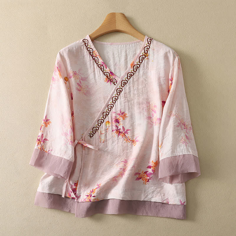 Buddha Stones T-shirt d'été vintage Tang à manches trois-quarts, col en V et broderie florale, pour femme - LavandeBlush - US8-10, UK/AU12-14, EU40-42 (2XL) - image 0