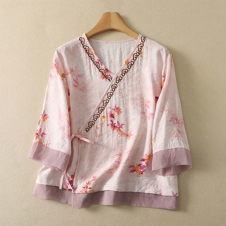 Buddha Stones T-shirt d'été vintage Tang à manches trois-quarts, col en V et broderie florale, pour femme - LavandeBlush - US8-10, UK/AU12-14, EU40-42 (2XL) - image 0