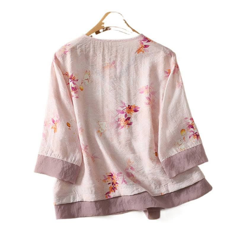 Buddha Stones T-shirt d'été vintage Tang à manches trois-quarts, col en V et broderie florale, pour femme - image 1