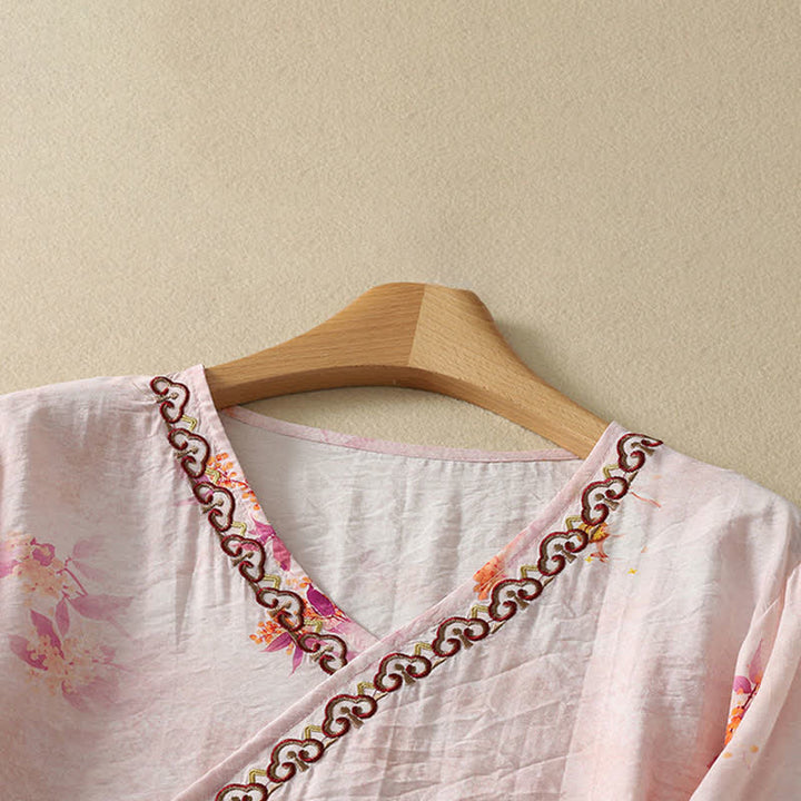 Buddha Stones T-shirt d'été vintage Tang à manches trois-quarts, col en V et broderie florale, pour femme - image 2
