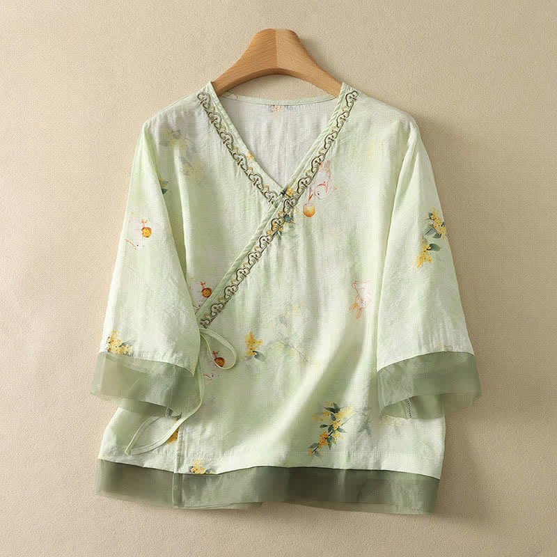 Buddha Stones T-shirt d'été vintage Tang à manches trois-quarts, col en V et broderie florale, pour femme - Vert pâle - US8-10, UK/AU12-14, EU40-42 (2XL) - image 9