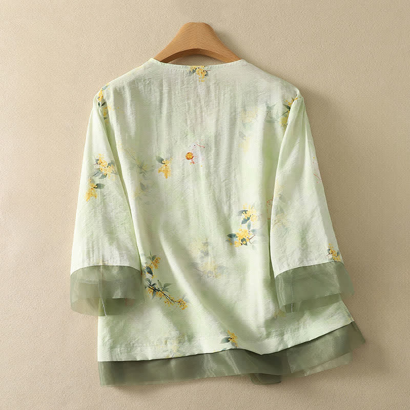 Buddha Stones T-shirt d'été vintage Tang à manches trois-quarts, col en V et broderie florale, pour femme - image 10