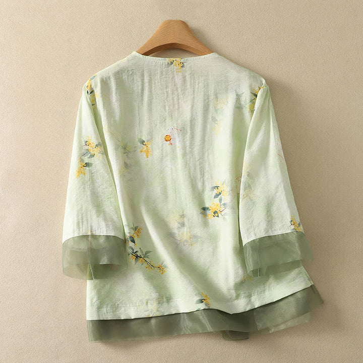 Buddha Stones T-shirt d'été vintage Tang à manches trois-quarts, col en V et broderie florale, pour femme - image 10