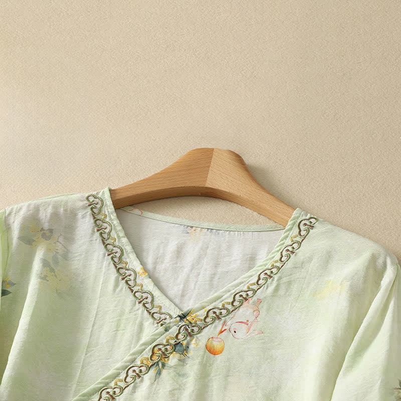 Buddha Stones T-shirt d'été vintage Tang à manches trois-quarts, col en V et broderie florale, pour femme - image 11