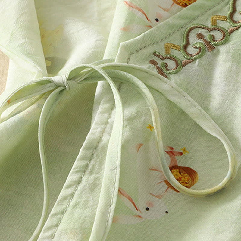 Buddha Stones T-shirt d'été vintage Tang à manches trois-quarts, col en V et broderie florale, pour femme - image 14
