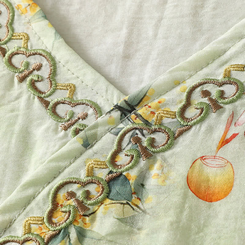 Buddha Stones T-shirt d'été vintage Tang à manches trois-quarts, col en V et broderie florale, pour femme - image 13