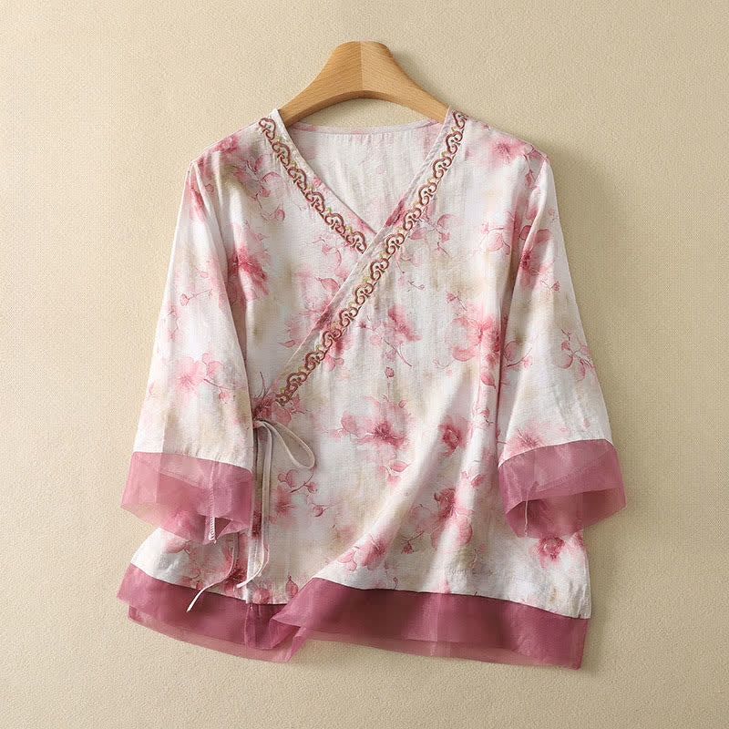 Buddha Stones T-shirt d'été vintage Tang à manches trois-quarts, col en V et broderie florale, pour femme - MistyRose - US8-10, UK/AU12-14, EU40-42 (2XL) - image 17