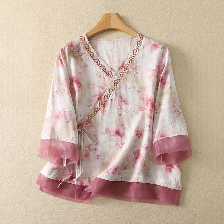Buddha Stones T-shirt d'été vintage Tang à manches trois-quarts, col en V et broderie florale, pour femme - MistyRose - US8-10, UK/AU12-14, EU40-42 (2XL) - image 17