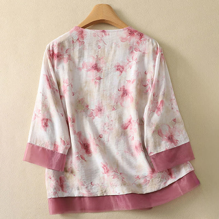 Buddha Stones T-shirt d'été vintage Tang à manches trois-quarts, col en V et broderie florale, pour femme - image 18