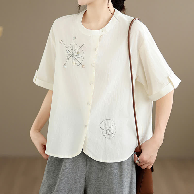 Buddha Stones Chemises à manches courtes pour femmes, style géométrique, brodées, minimalistes et décontractées, avec motifs d'escargots et boutons. - image 17