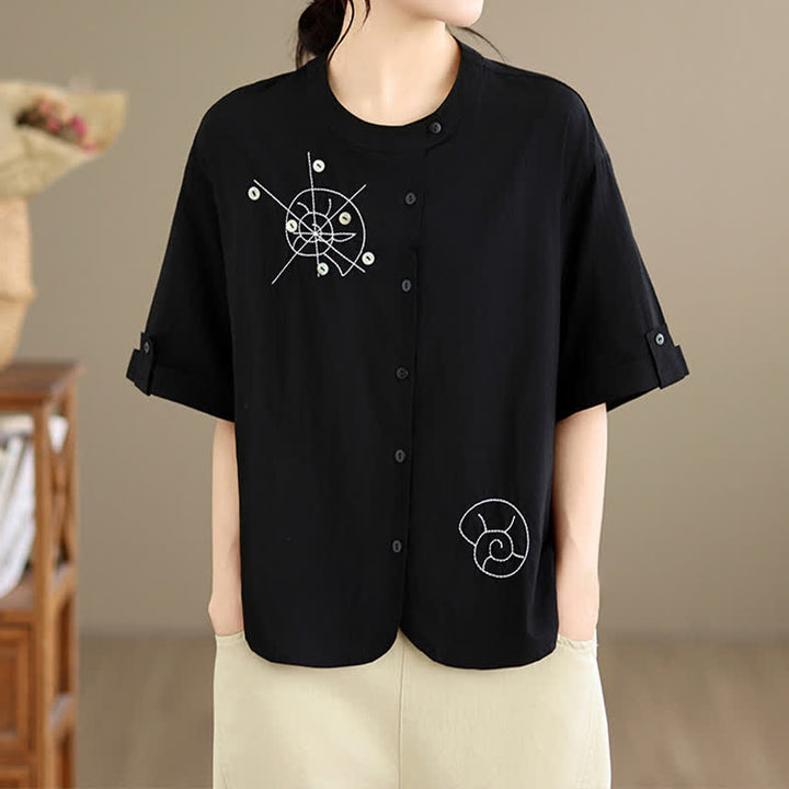 Buddha Stones Chemises à manches courtes pour femmes, style géométrique, brodées, minimalistes et décontractées, avec motifs d'escargots et boutons. - image 13