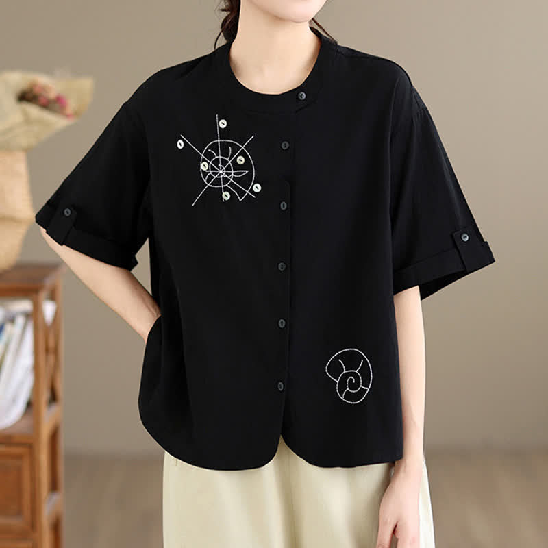 Buddha Stones Chemises à manches courtes pour femmes, style géométrique, brodées, minimalistes et décontractées, avec motifs d'escargots et boutons. - Noir - US8-10, UK/AU12-14, EU40-42 (2XL) - image 9