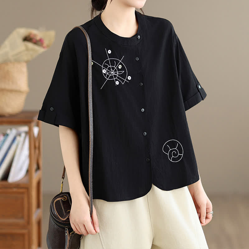 Buddha Stones Chemises à manches courtes pour femmes, style géométrique, brodées, minimalistes et décontractées, avec motifs d'escargots et boutons. - image 10