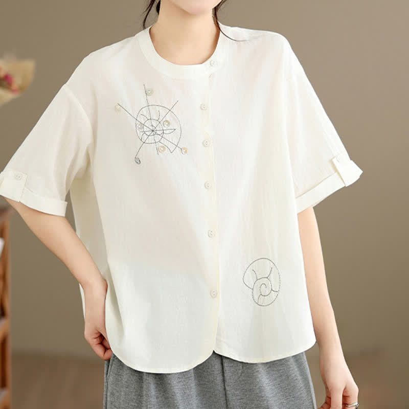 Buddha Stones Chemises à manches courtes pour femmes, style géométrique, brodées, minimalistes et décontractées, avec motifs d'escargots et boutons. - image 18