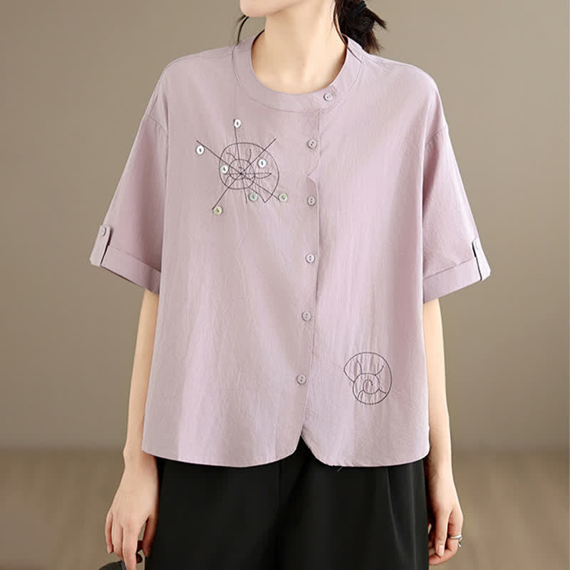 Buddha Stones Chemises à manches courtes pour femmes, style géométrique, brodées, minimalistes et décontractées, avec motifs d'escargots et boutons. - image 3
