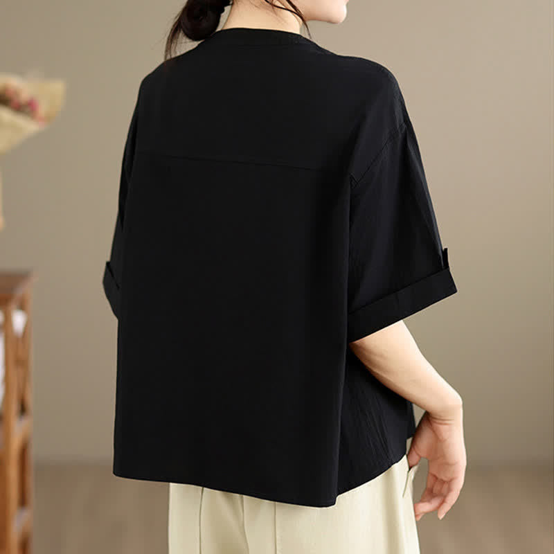 Buddha Stones Chemises à manches courtes pour femmes, style géométrique, brodées, minimalistes et décontractées, avec motifs d'escargots et boutons. - image 12