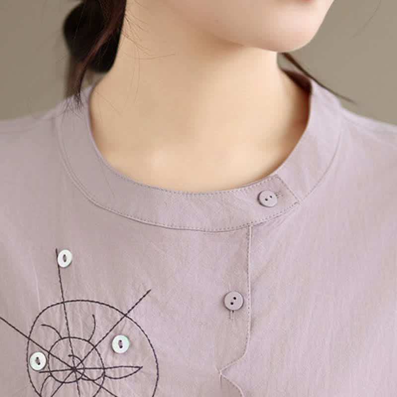 Buddha Stones Chemises à manches courtes pour femmes, style géométrique, brodées, minimalistes et décontractées, avec motifs d'escargots et boutons. - image 5